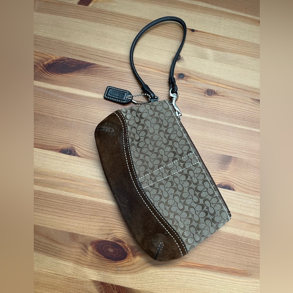 Coach Small brown wristlet in signature canvas with leather details